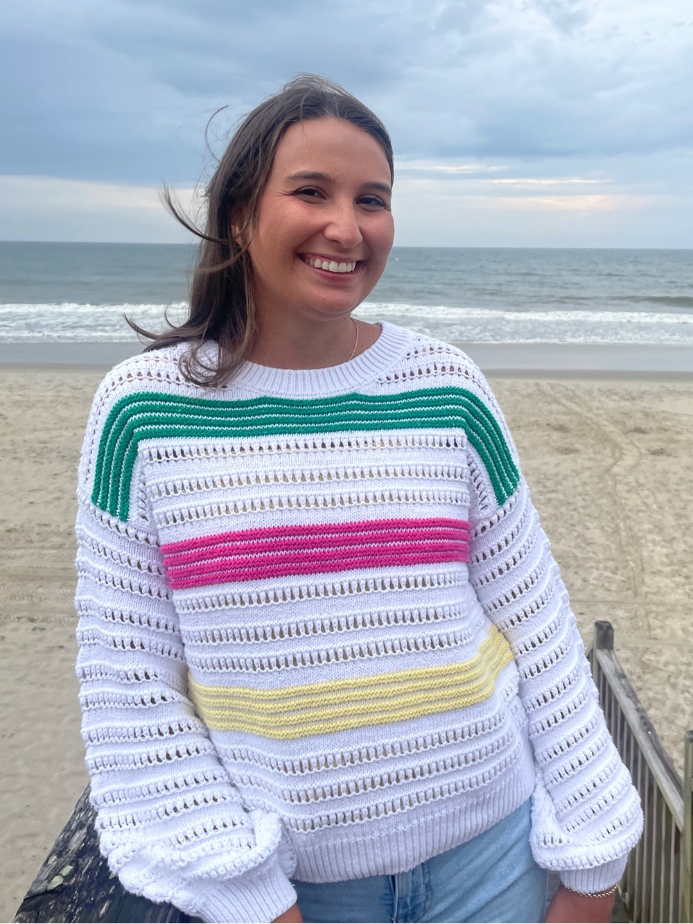 White Knit Sweater with Green, Pink & Yellow Stripes